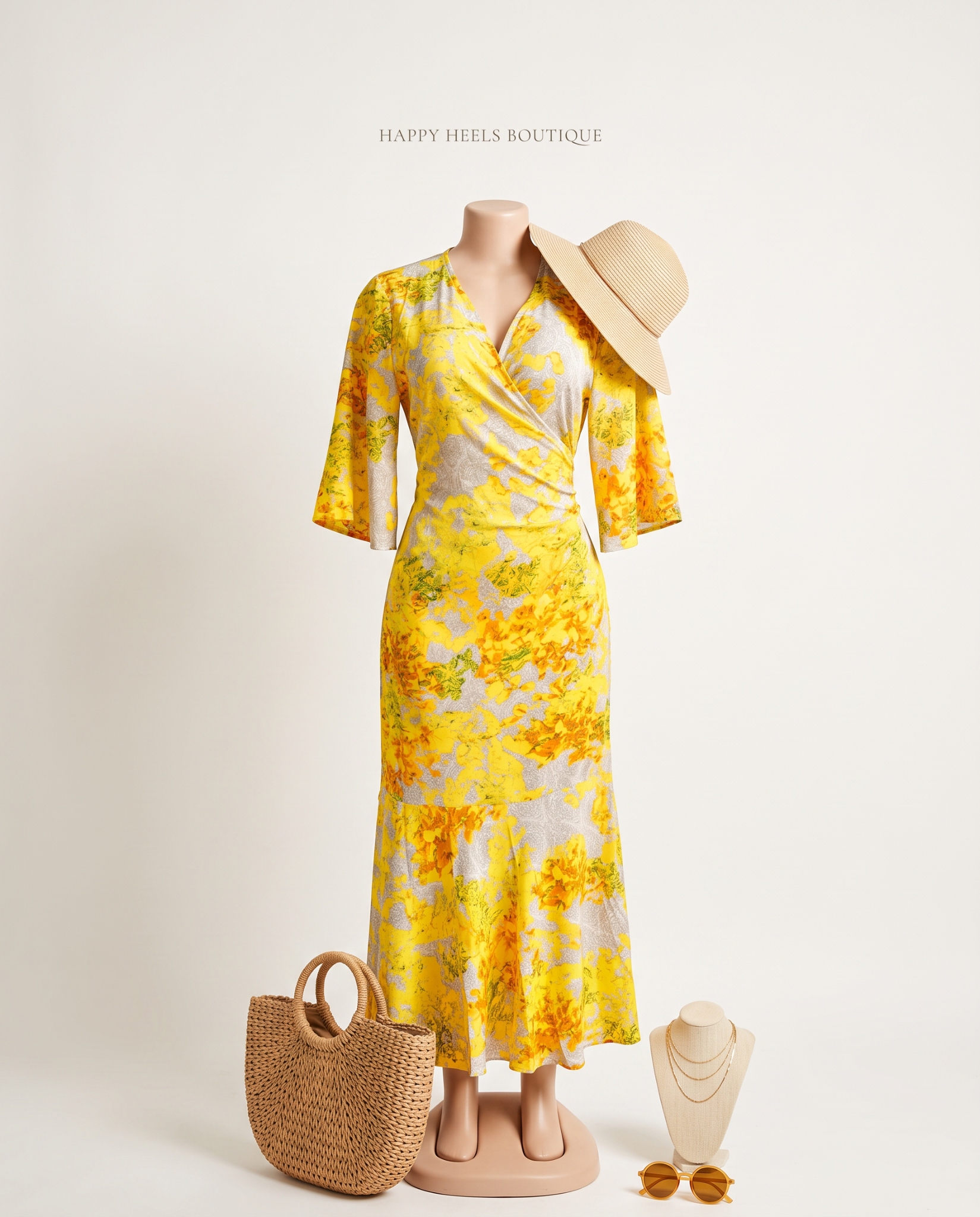 Yellow floral wrap dress
